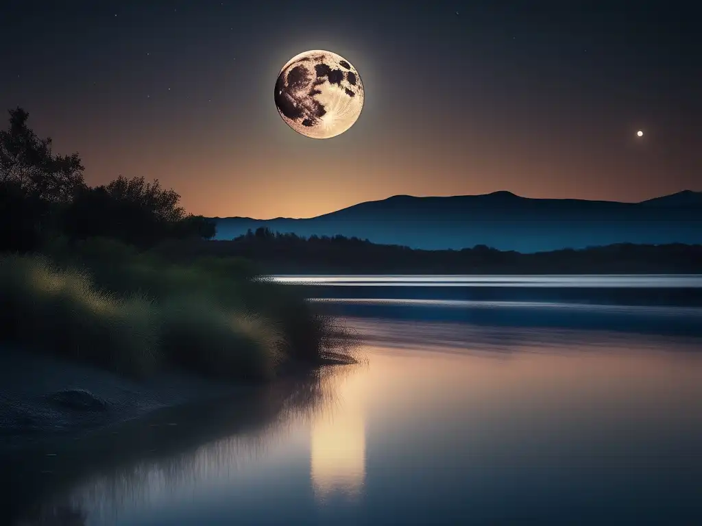 Beneficios meditación luna llena: paisaje nocturno sereno con luna llena, agua tranquila y reflejo hipnótico de luz lunar