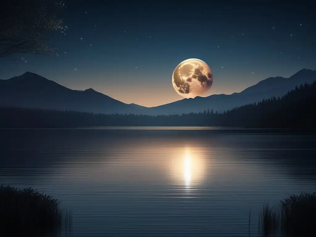 Serene noche, luna llena brilla en paisaje tranquilo con lago y montañas - Beneficios meditación luna llena