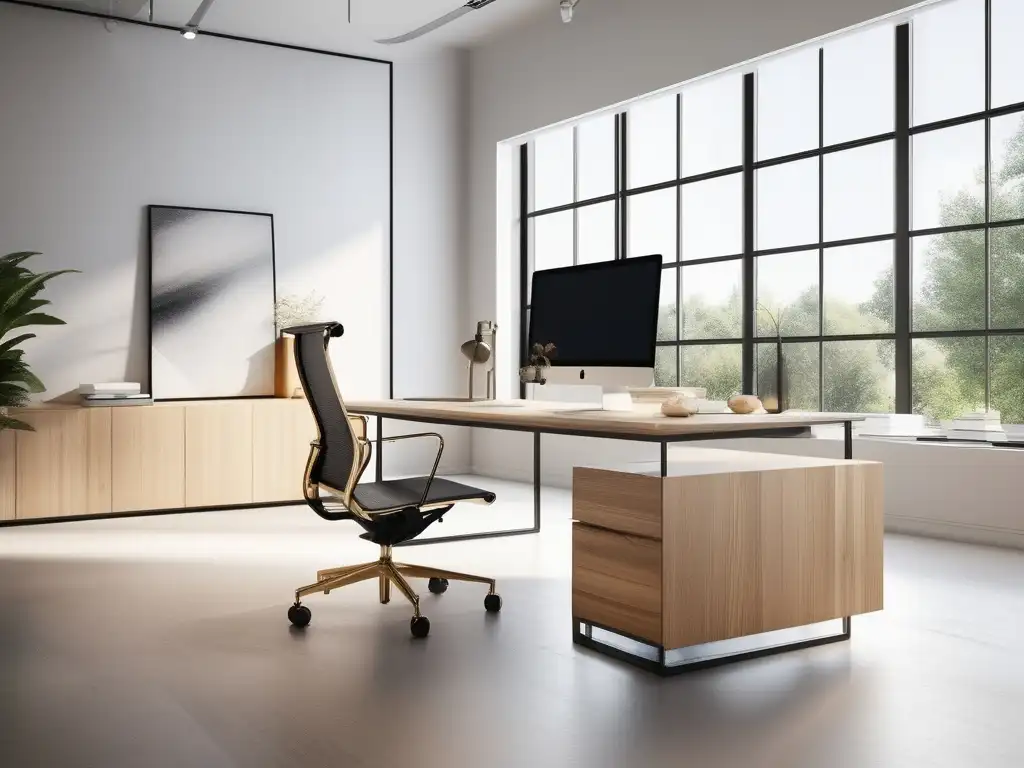 Oficina minimalista con luz natural, arte decorativo y vistas relajantes - Técnicas de relajación para estrés laboral