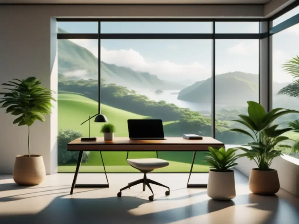 Oficina minimalista con vista a paisaje verde, escritorio moderno, plantas y arte