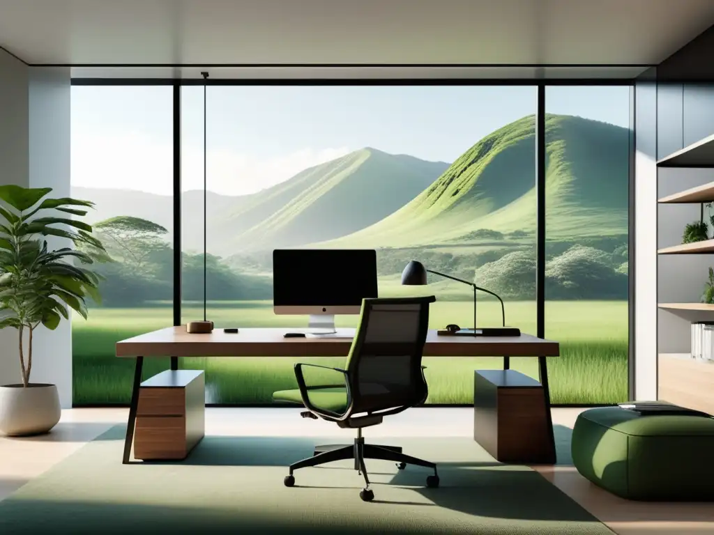 Oficina minimalista con vistas a un paisaje verde, transmitiendo tranquilidad y productividad