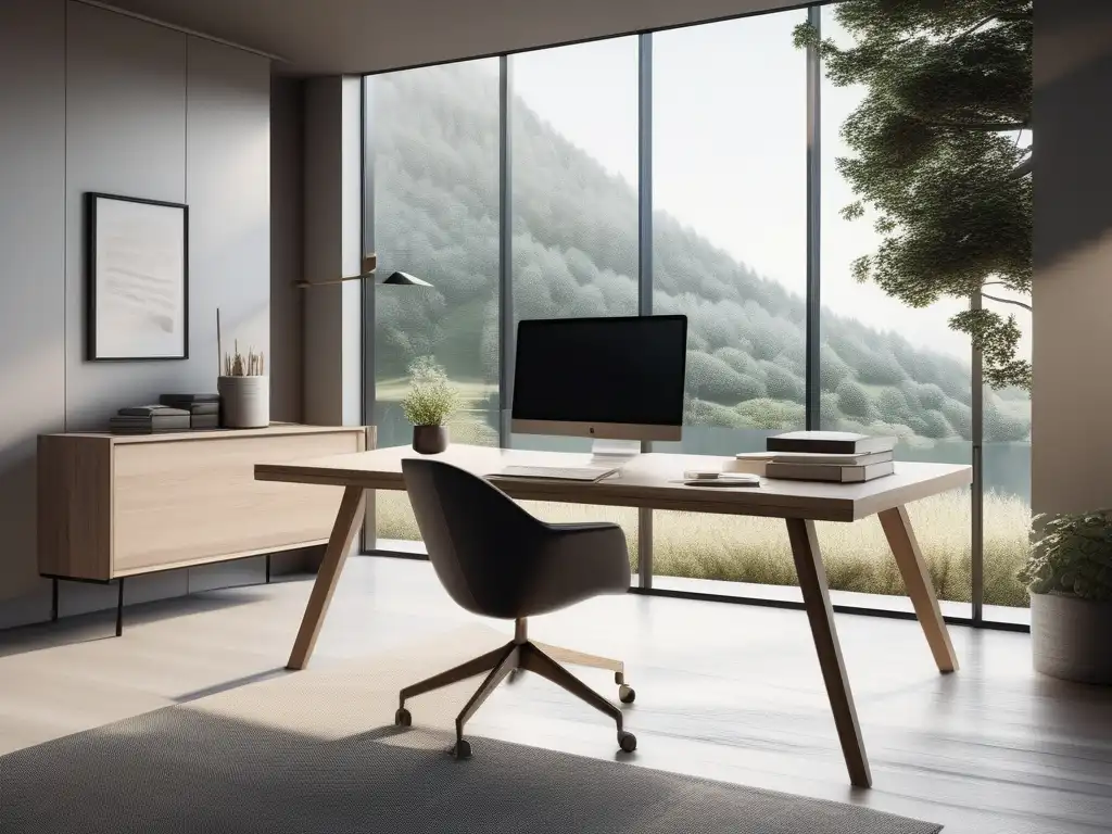 Espacio de trabajo minimalista con vista a un paisaje natural, luz suave y motivación