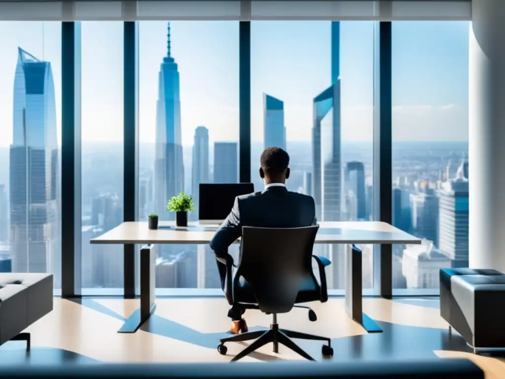 Personaje en oficina moderna y minimalista, mirando por ventana a ciudad, transmitiendo calma y salud mental emprendiendo