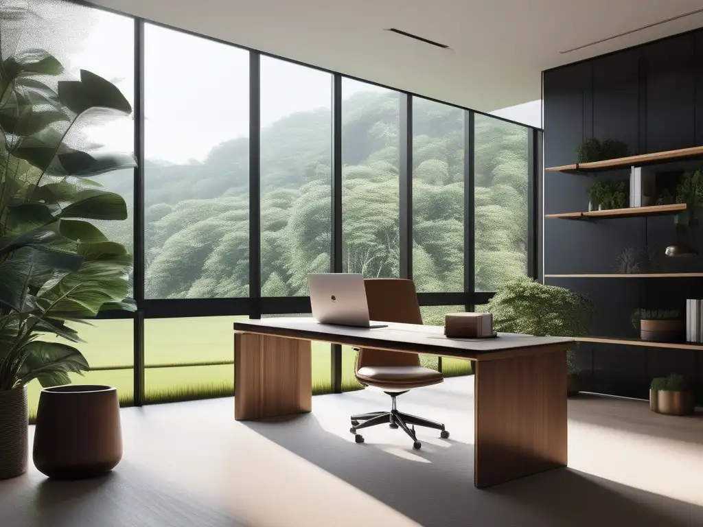 Oficina minimalista con vista a un paisaje verde, luz natural y elementos inspiradores