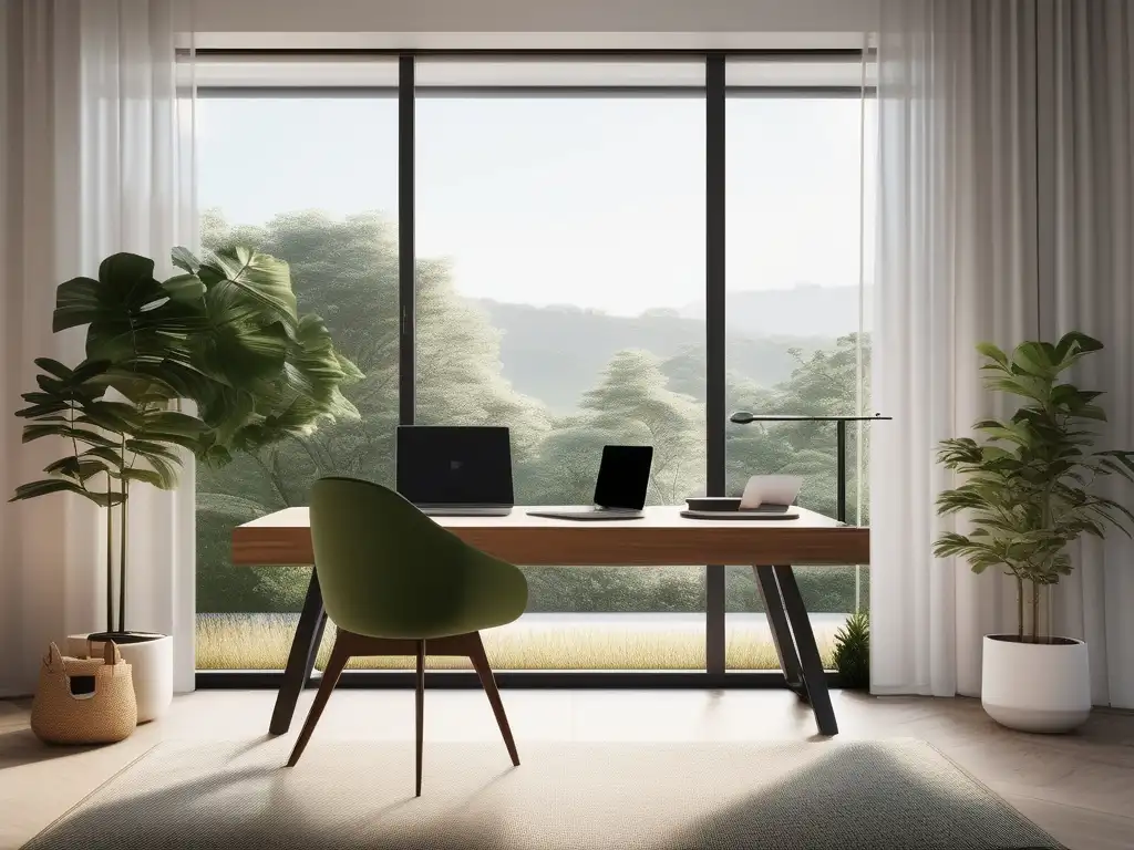 Espacio de oficina minimalista con vistas a un paisaje verde: Estrategias para reducir estrés laboral