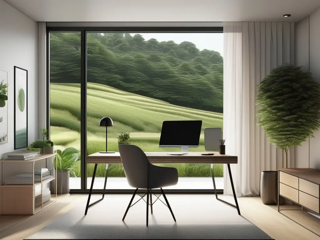 Oficina minimalista y moderna con ventana hacia un paisaje verde