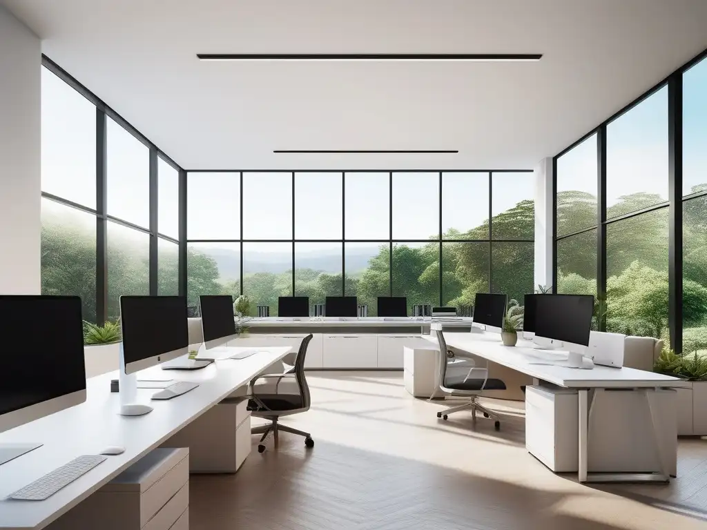 Ambiente de trabajo positivo: oficina minimalista y moderna con luz natural, escritorios blancos ordenados, arte motivacional y paisaje verde