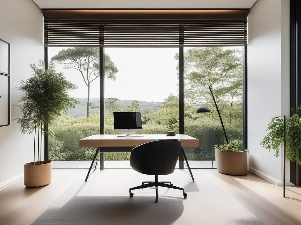 Espacio de oficina minimalista y moderno con vista a un paisaje verde y muebles ergonómicos