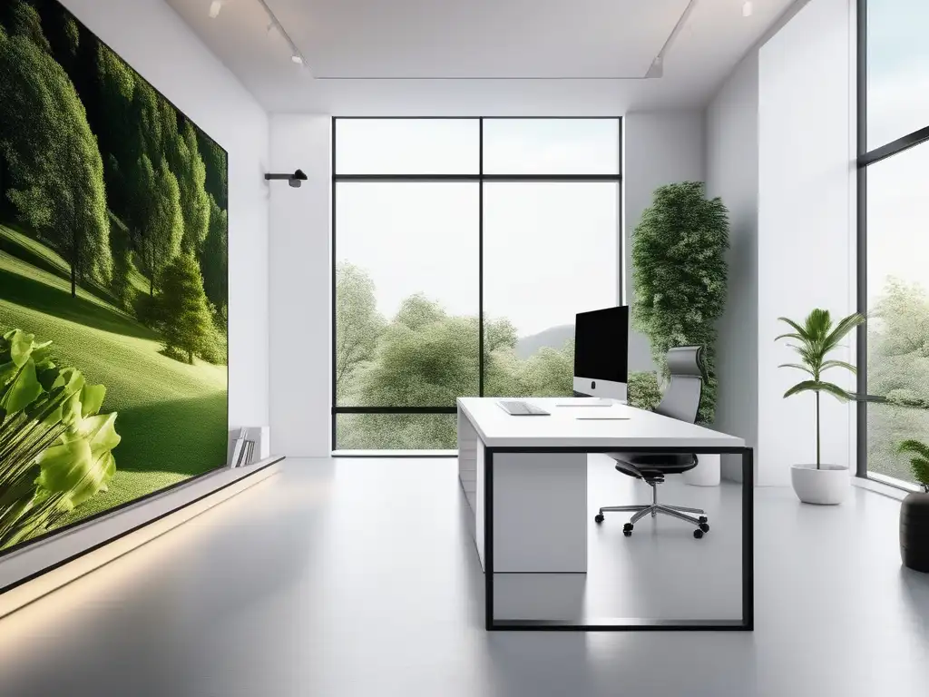 Oficina moderna y minimalista con ventana panorámica y paisaje verde, símbolo de adaptabilidad