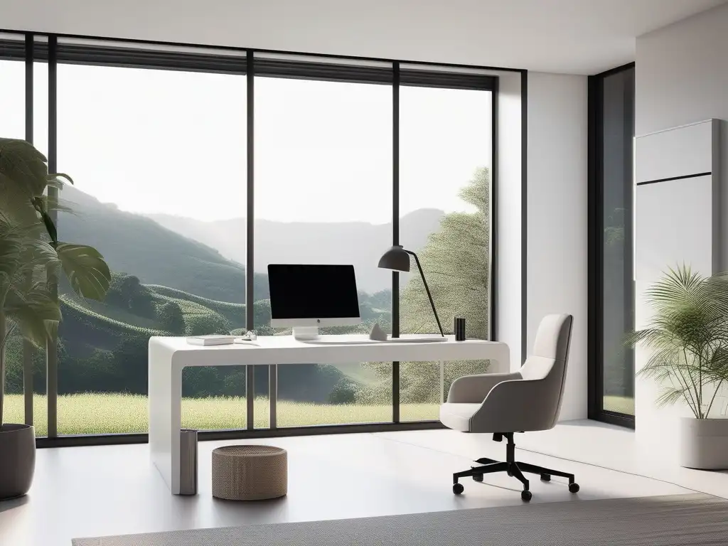 Espacio de trabajo minimalista y relajante con vista a un paisaje verde - Técnicas de autocuidado laboral para el estrés