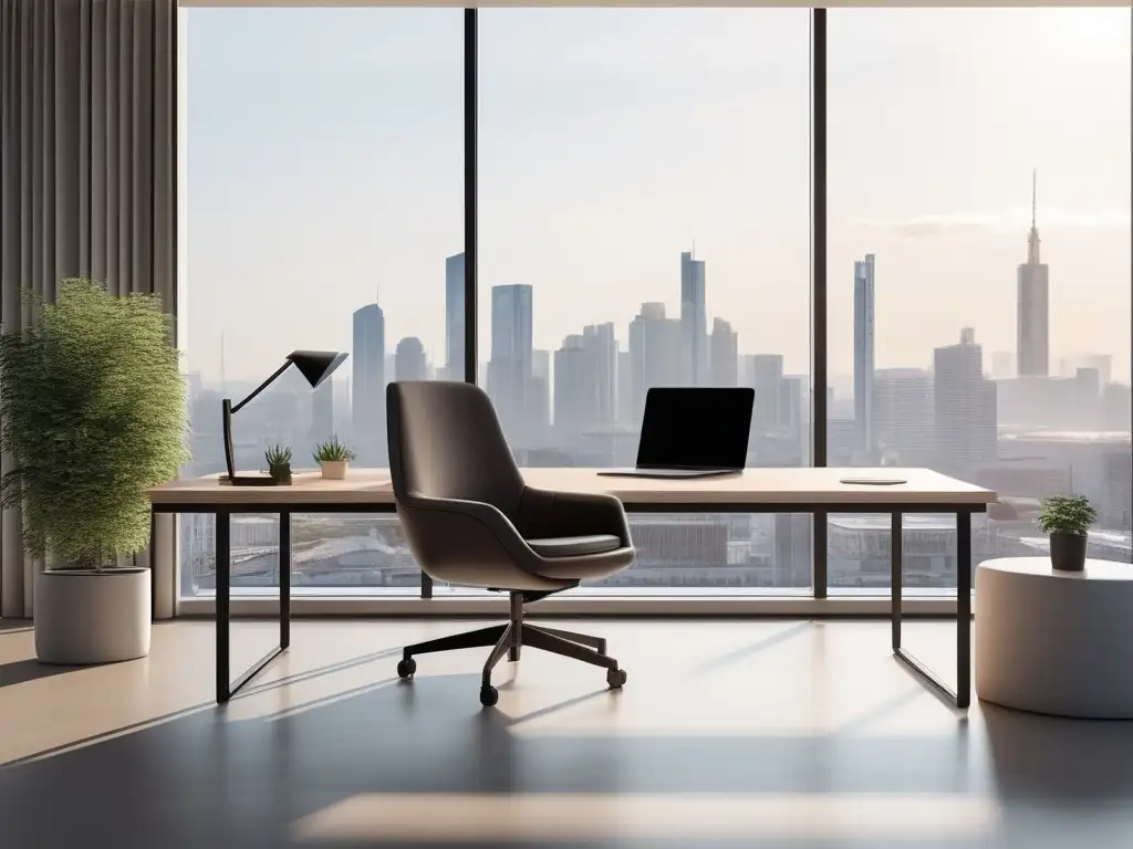 Serene office space overlooking city skyline