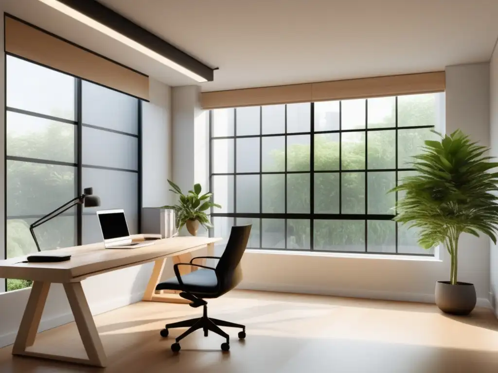 Espacio de trabajo minimalista con luz natural, escritorio de madera clara, silla ergonómica y elementos para emprendedores