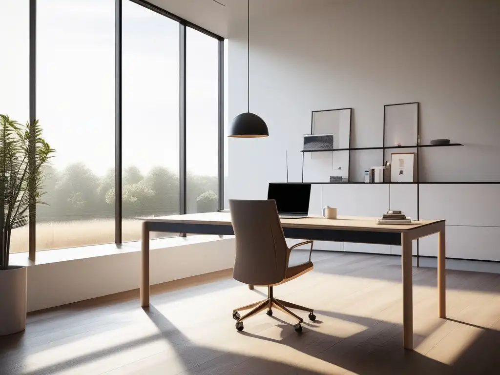 Espacio de oficina tranquilo con vista a la naturaleza, ideal para técnicas de canalización de estrés laboral