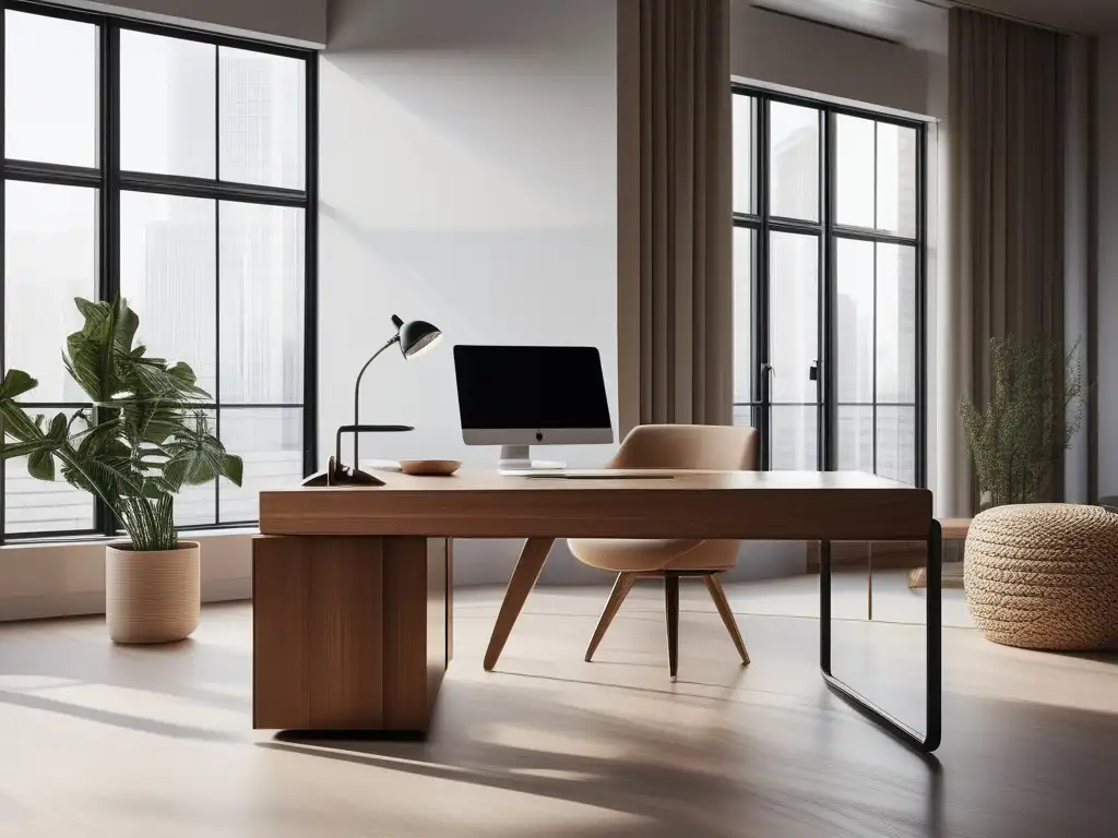 Oficina minimalista con muebles modernos y luz natural