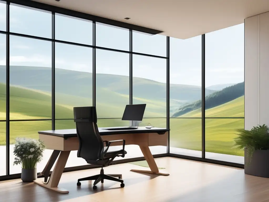 Beneficios del ejercicio para el estrés laboral: oficina minimalista con vista a paisaje natural tranquilizador