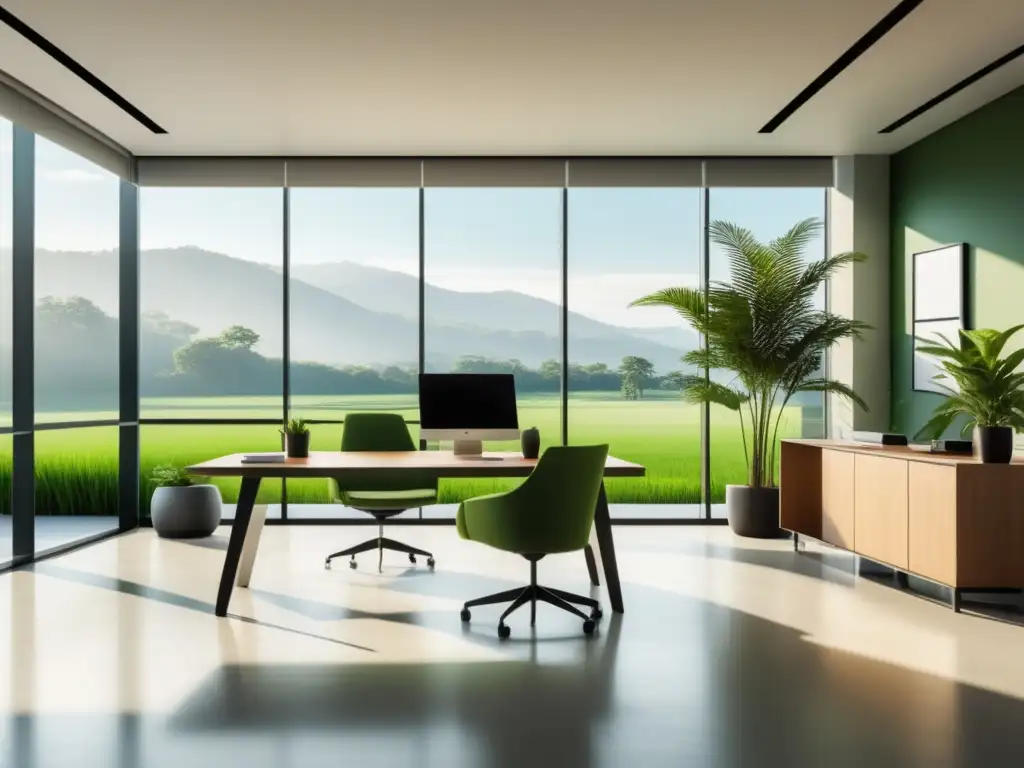 Técnicas de mindfulness para estrés laboral - Oficina minimalista y luminosa con vista panorámica a un paisaje verde sereno