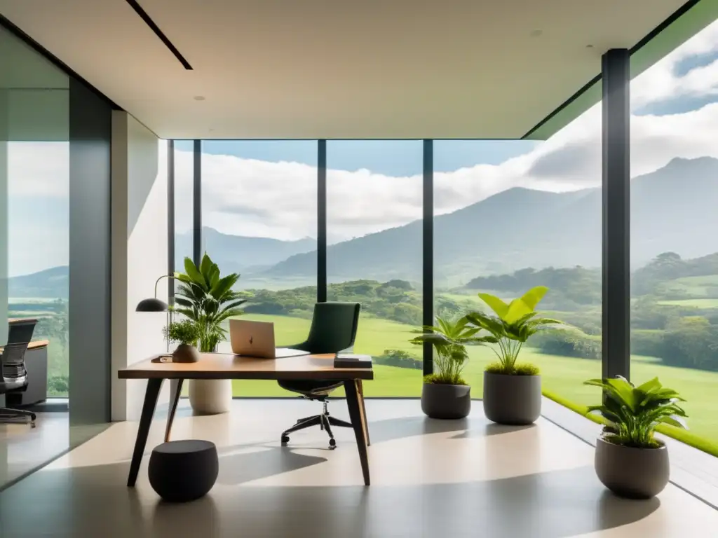 Espacio de oficina minimalista con vista verde: Hábitos saludables para equilibrio emocional