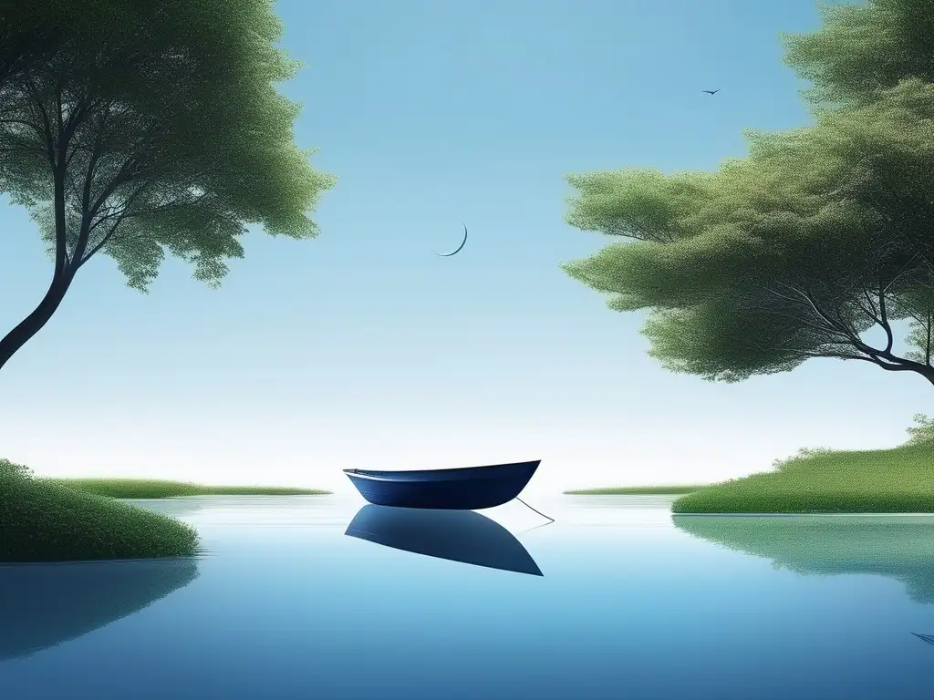 Paisaje digital sereno con agua reflejante y un bote moderno, simbolizando manejo del estrés en conversaciones en línea