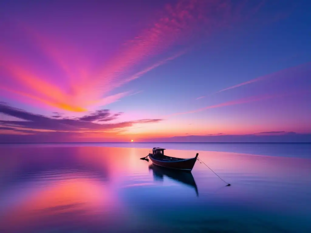 Beneficios del aceite de pescado en la depresión: Paisaje marino 8k con aguas cristalinas, atardecer y embarcación