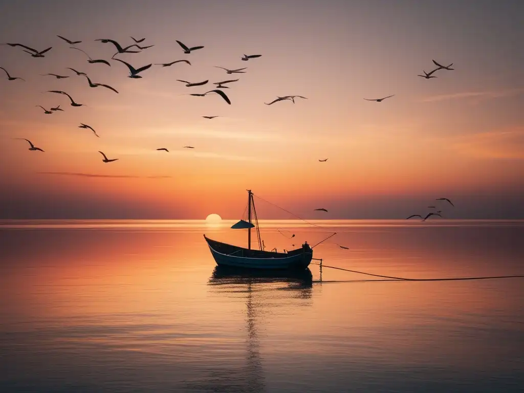 Paisaje sereno del océano con un bote de pesca, seagulls y beneficios del aceite de pescado en la depresión