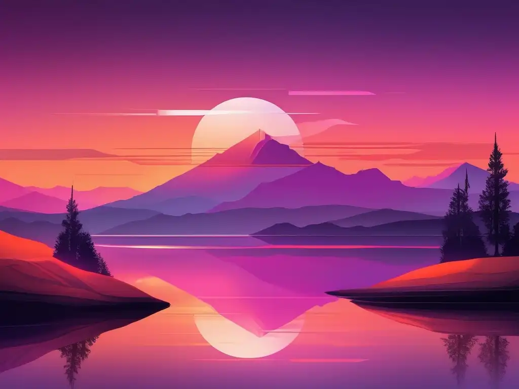 Pintura minimalista: atardecer sobre lago, montañas y reflejo en agua