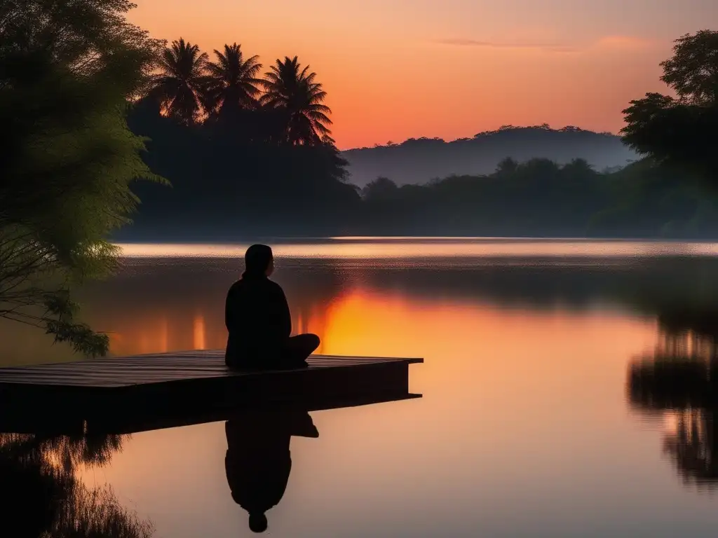 Paisaje sereno al atardecer con lago, meditación y liberación emocional