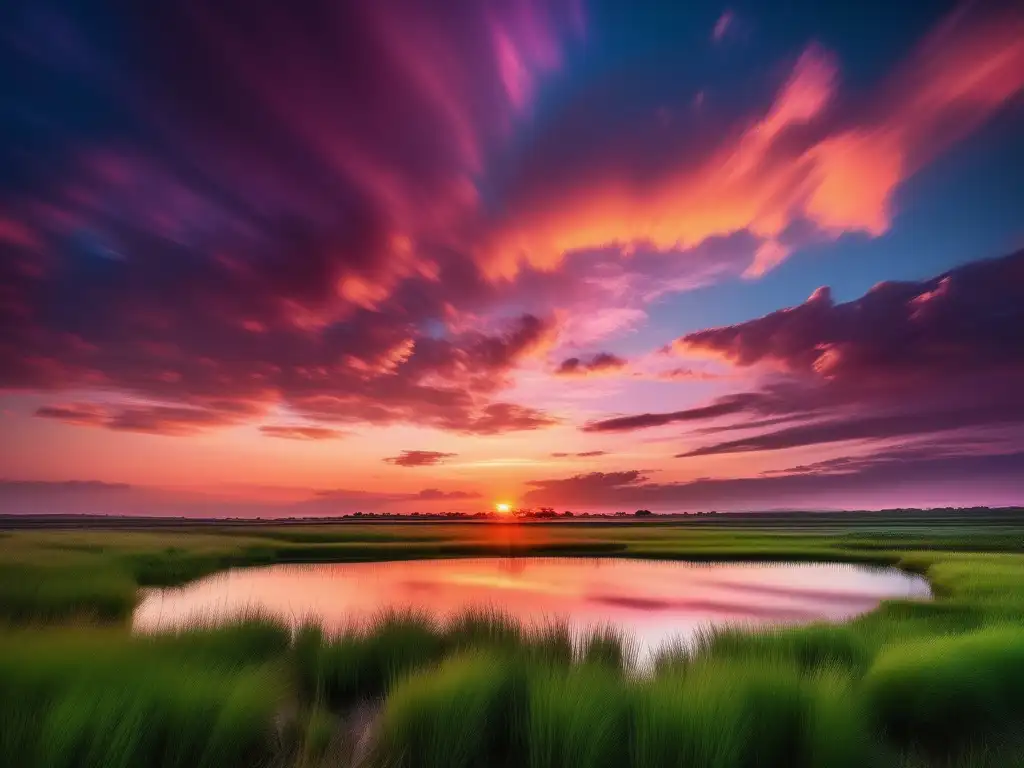 Paisaje sereno al atardecer con campo abierto, lago y cielo vibrante