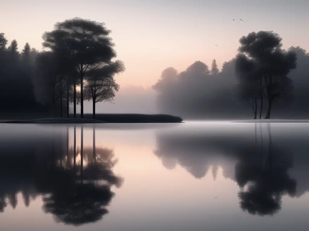 Paisaje sereno al amanecer, lago tranquilo rodeado de árboles altos