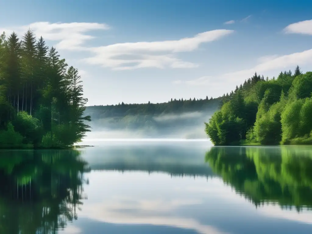 Beneficios liderazgo salud mental: imagen serena, cielo azul con nubes blancas, lago tranquilo reflejando paisaje verde y árboles altos