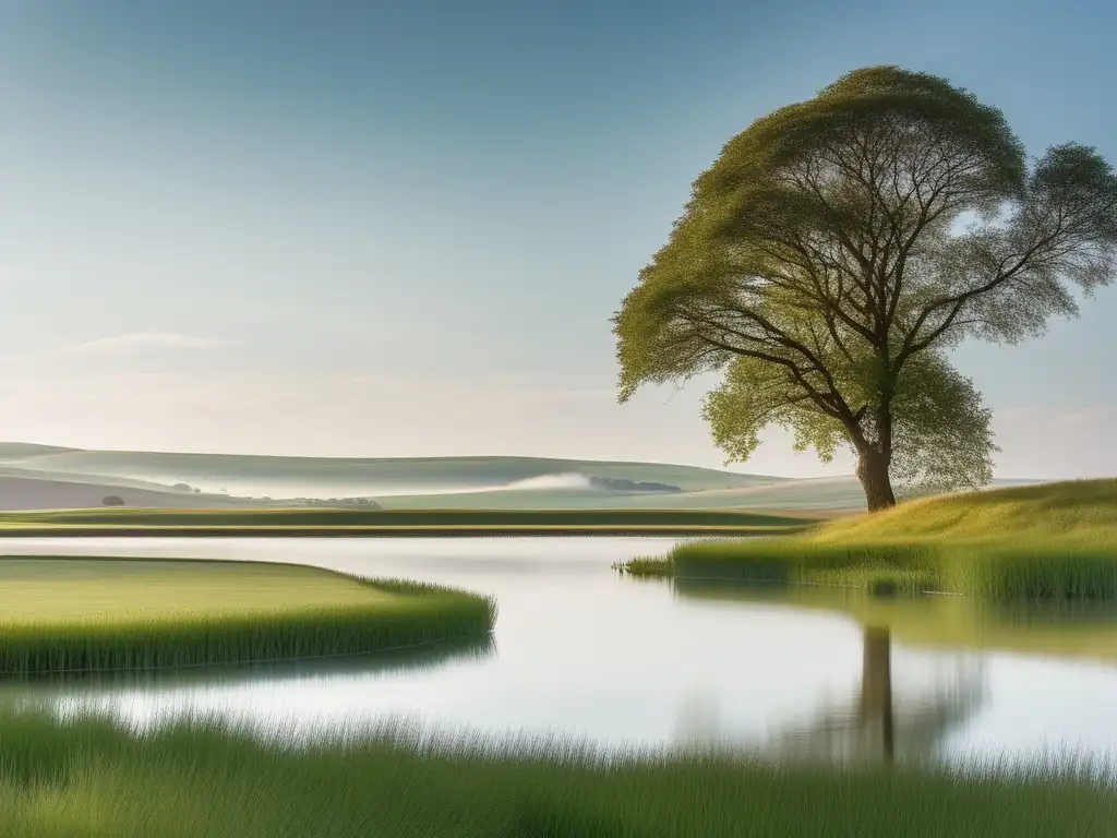 Paisaje sereno y minimalista con campo abierto, colinas, cielo claro, estanque tranquilo