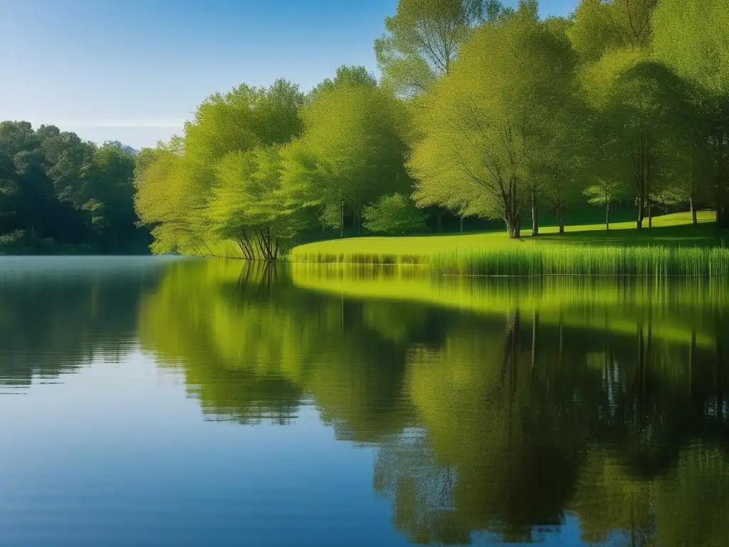 Escena serena con cielo azul y lago rodeado de árboles verdes - Conceptos básicos salud mental