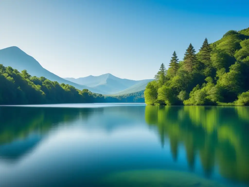 Naturaleza serena con lago, árboles verdes y montañas al fondo