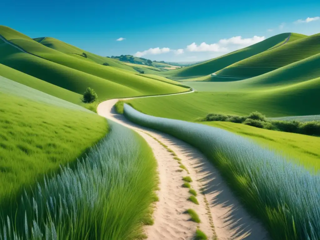 Paisaje sereno con cielo azul, campos verdes y sendero, resaltando la psicofarmacología revolución salud mental