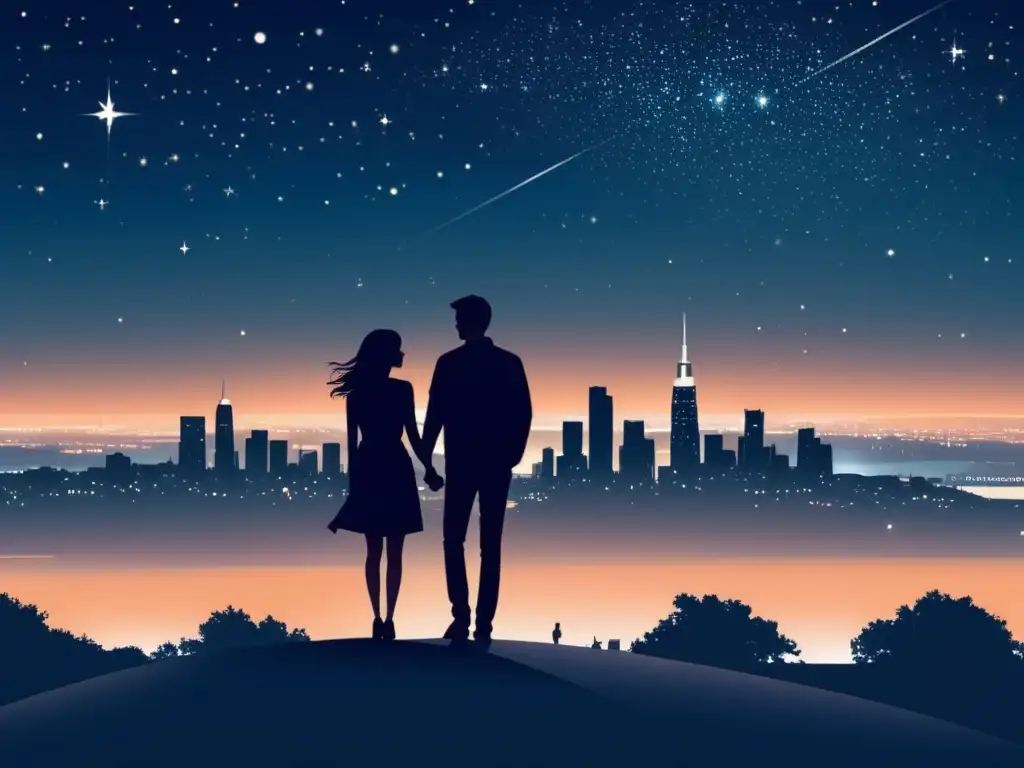 Beneficios de la realidad virtual en relaciones a distancia: pareja abrazándose en un entorno minimalista nocturno con ciudad y estrellas