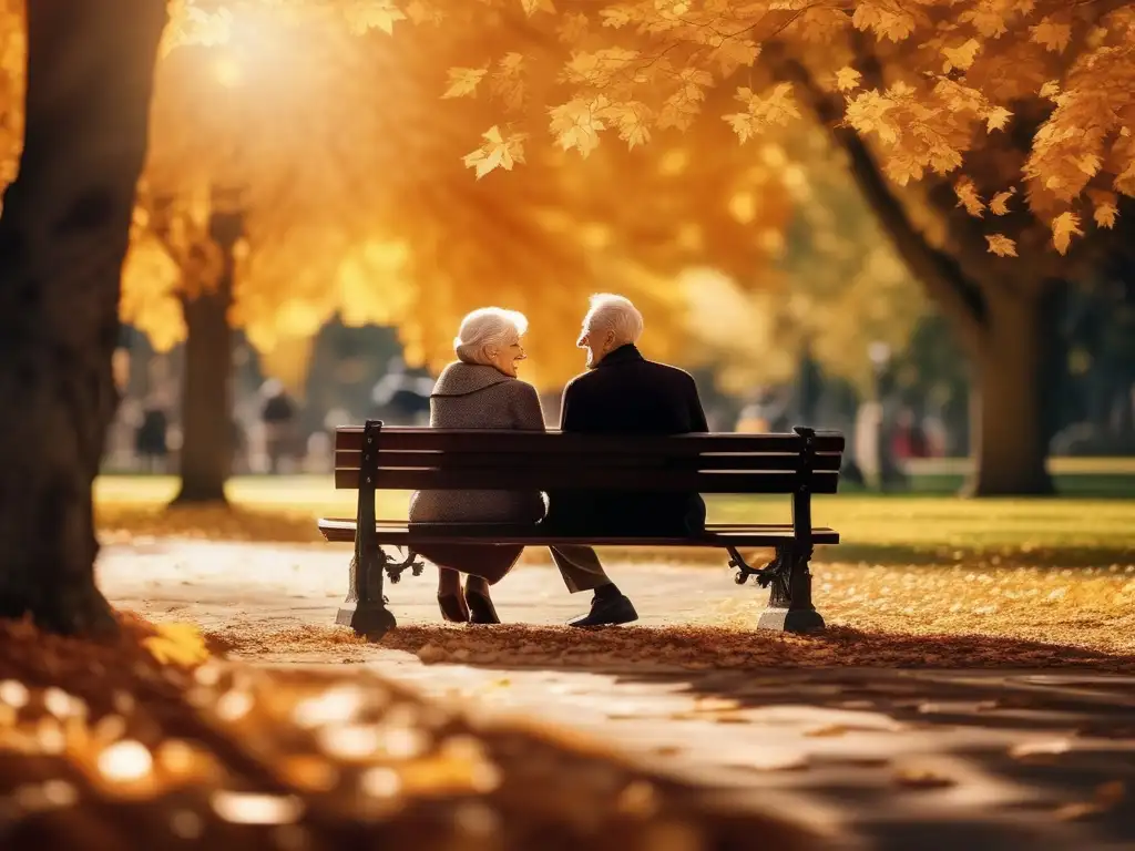 Pareja mayor disfruta de conversación en parque rodeados de hojas otoñales - Importancia vida social adultos mayores