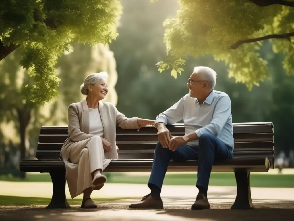 Pareja anciana disfrutando de la naturaleza y conversando, promoviendo bienestar y salud mental en la vejez