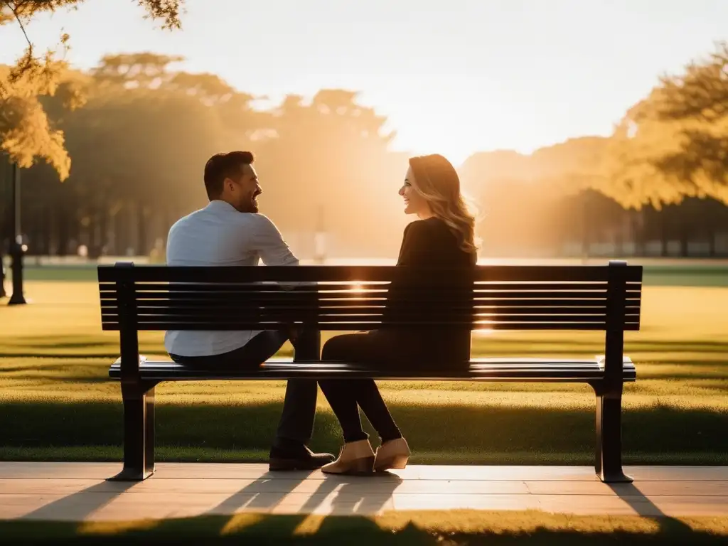 Pareja en banco del parque, comunicación activa y conexión emocional