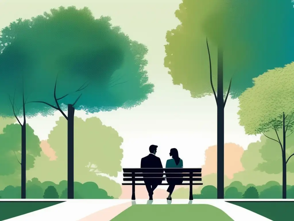 Ilustración minimalista de una pareja en un banco del parque, dialogando y mostrando empatía y respeto mutuo