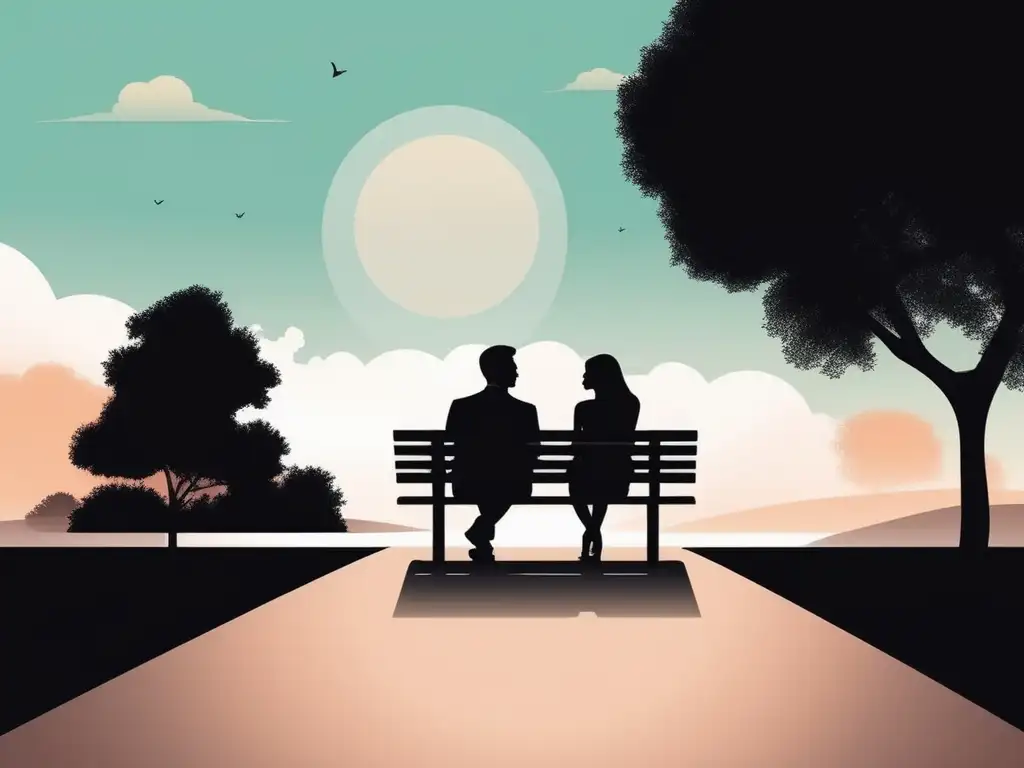 Pareja en banco del parque, silueta minimalista y paisaje abstracto, simbolizando la tolerancia en la relación