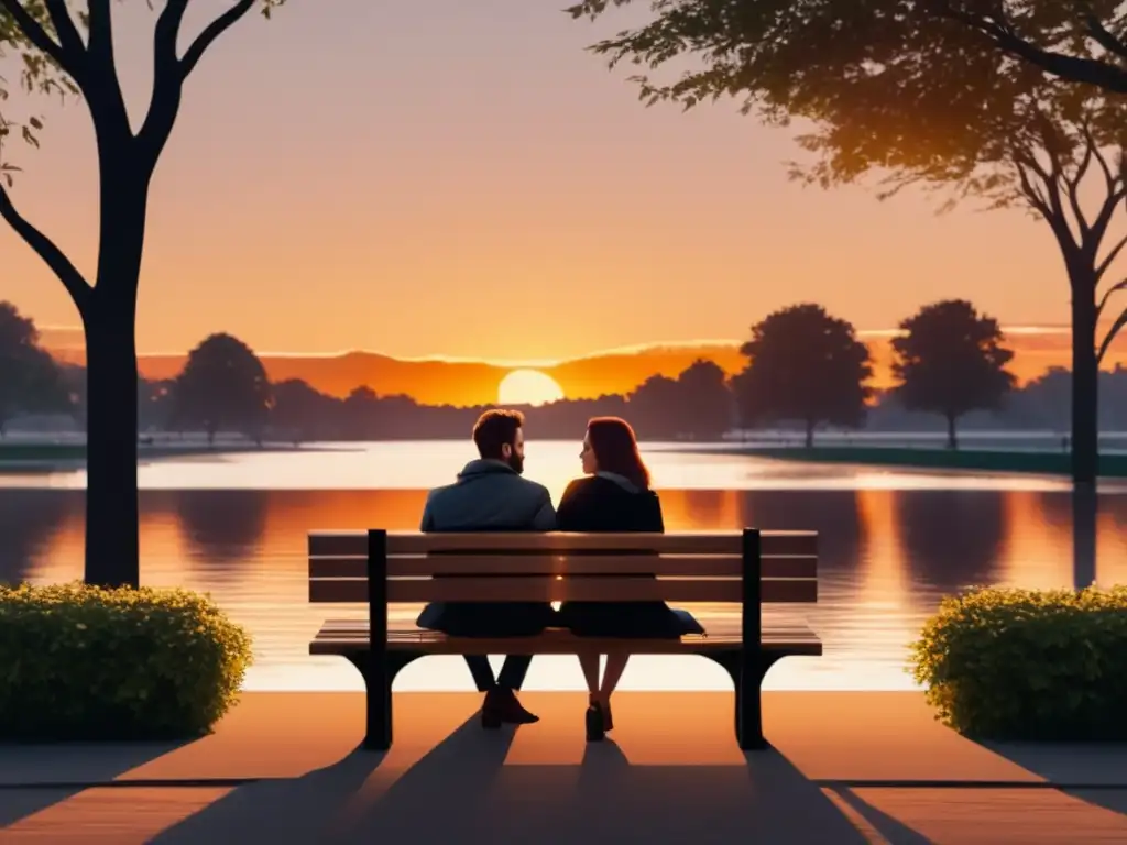 Consejos para una relación duradera: pareja en un banco, abrazados, atardecer sereno