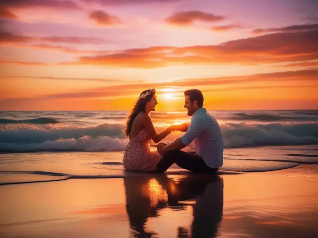 Pareja en una playa al atardecer, manteniendo la chispa del amor