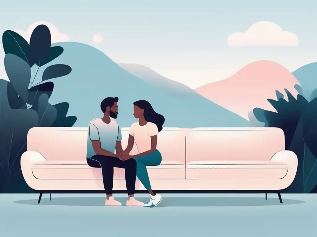 Ilustración minimalista de una pareja en un sofá, con manos entrelazadas y mirando con esperanza