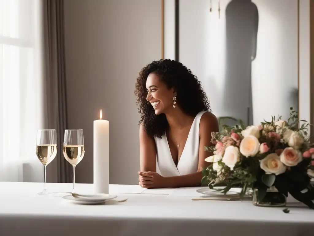 Importancia del agradecimiento en relaciones: pareja sonriente en mesa minimalista con flores y cartas de gratitud