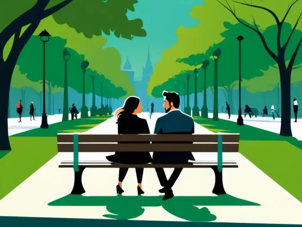 Ilustración minimalista de pareja en parque, reflejando técnicas para mejorar vida en pareja