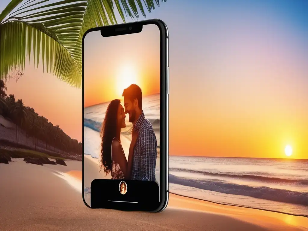 Pareja en videollamada con fondo de playa y expresiones de amor