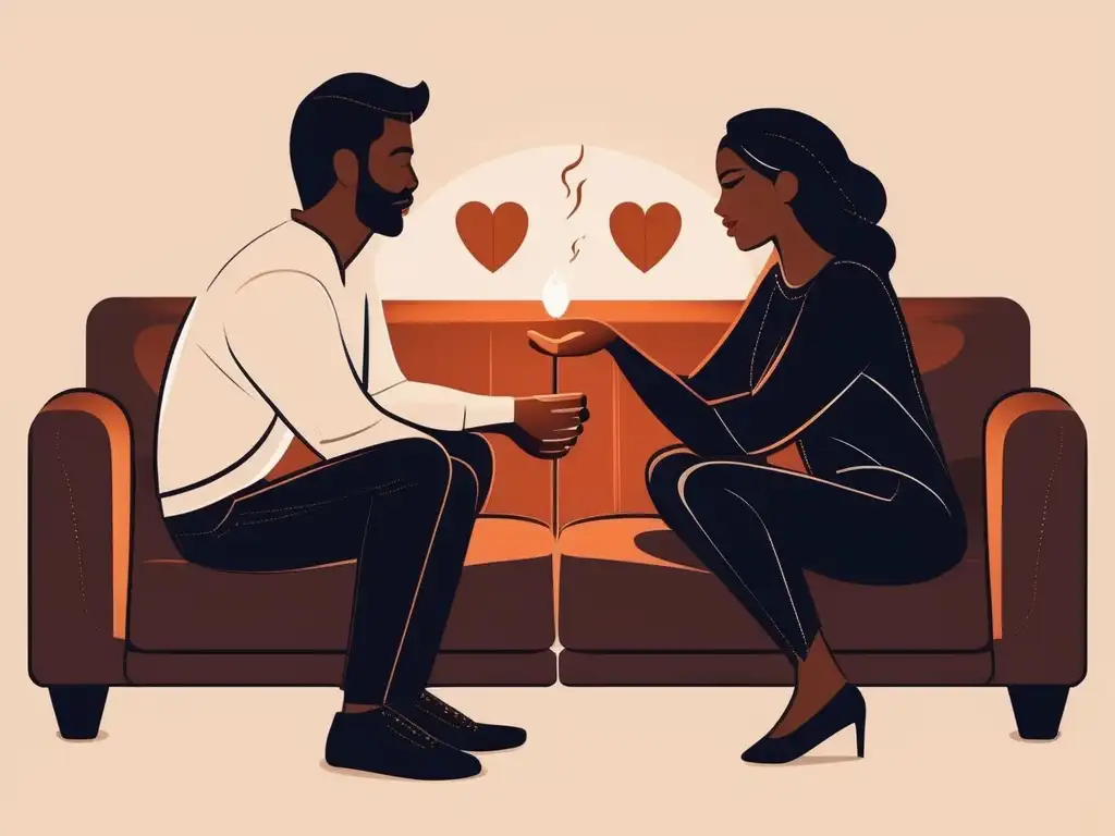 Consejos para reavivar la intimidad pareja: imagen de una pareja íntima conversando en un sofá acogedor en una habitación con iluminación cálida