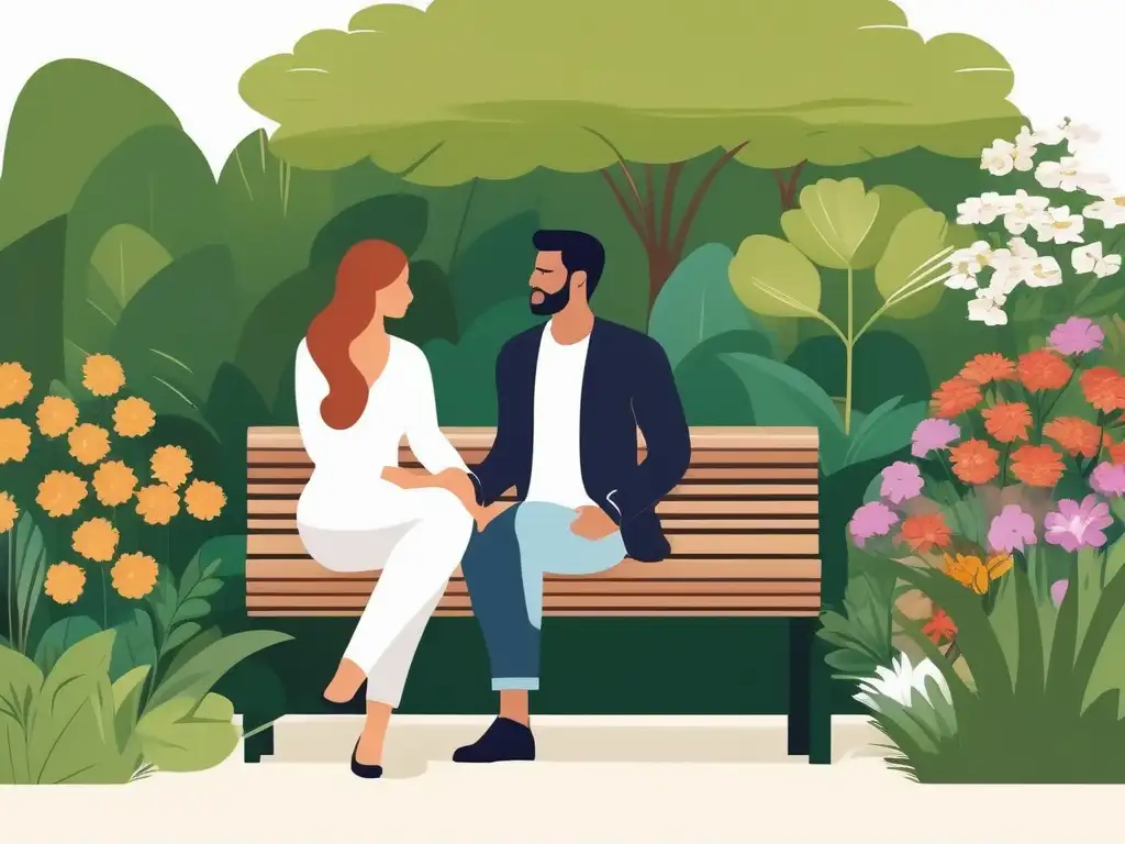 Pareja en un jardín, flores vibrantes, conexión emocional, superando infertilidad