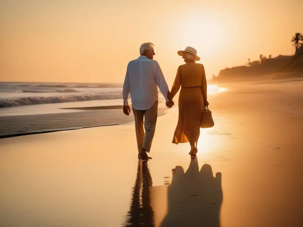 Pareja mayor disfrutando de un envejecimiento saludable y equilibrado en la playa al atardecer