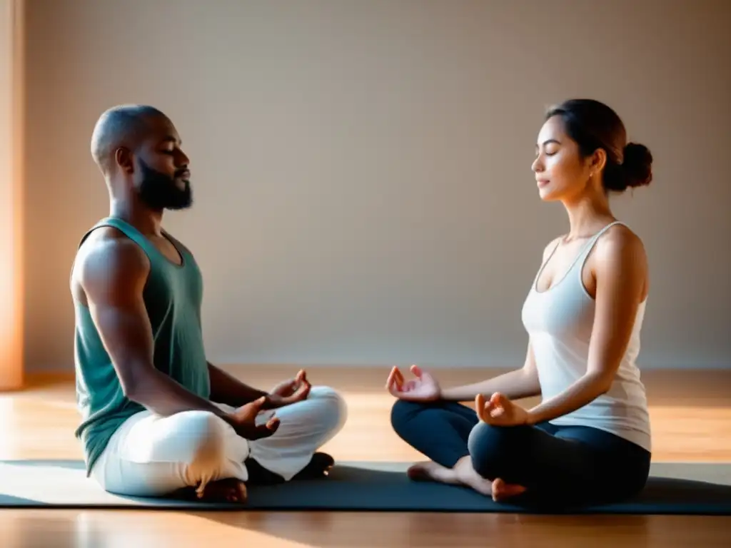 Beneficios de la meditación en relaciones interpersonales: dos personas meditando en un ambiente sereno y minimalista