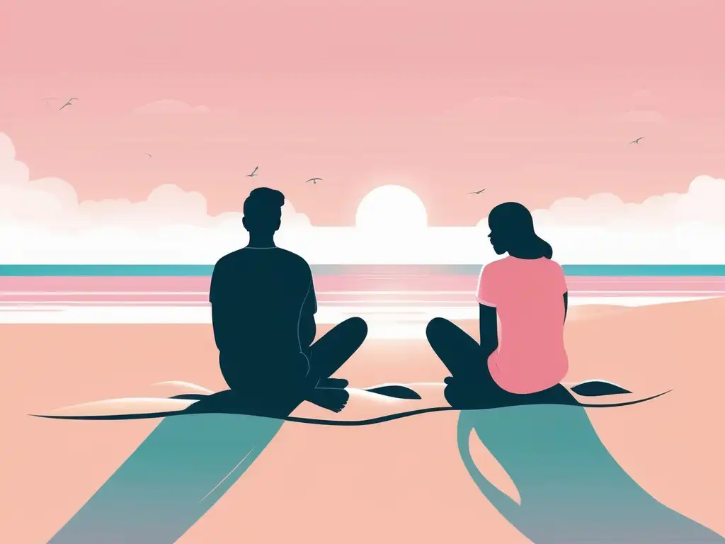 Dos personas practicando mindfulness en una playa tranquila, simbolizando relaciones interpersonales